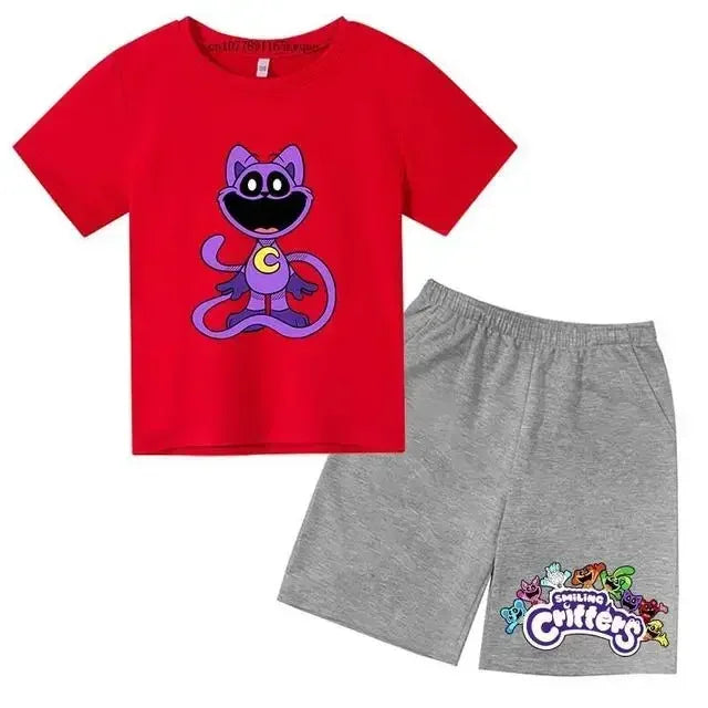 Smiling Critters Cartoon Print Kids Summer Cute 2pcs Soft T-shirts+Pants Suits 2-13Years Boys Girls Casual Sets Children Clothes