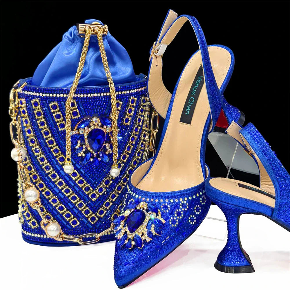 Girly Style Pointed Toe Wedding Shoes and Bag Full Diamond Decoration Metal Closure Bag Italian Design 2024