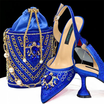 Girly Style Pointed Toe Wedding Shoes and Bag Full Diamond Decoration Metal Closure Bag Italian Design 2024