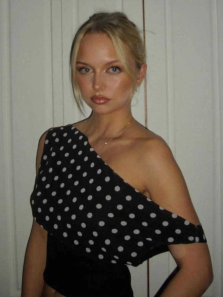Puss Polka Dots Print T-Shirts Women Summer Trend Skew Collar Off Shoulder Backless Street Fashion Trend Ruched Crop Tops