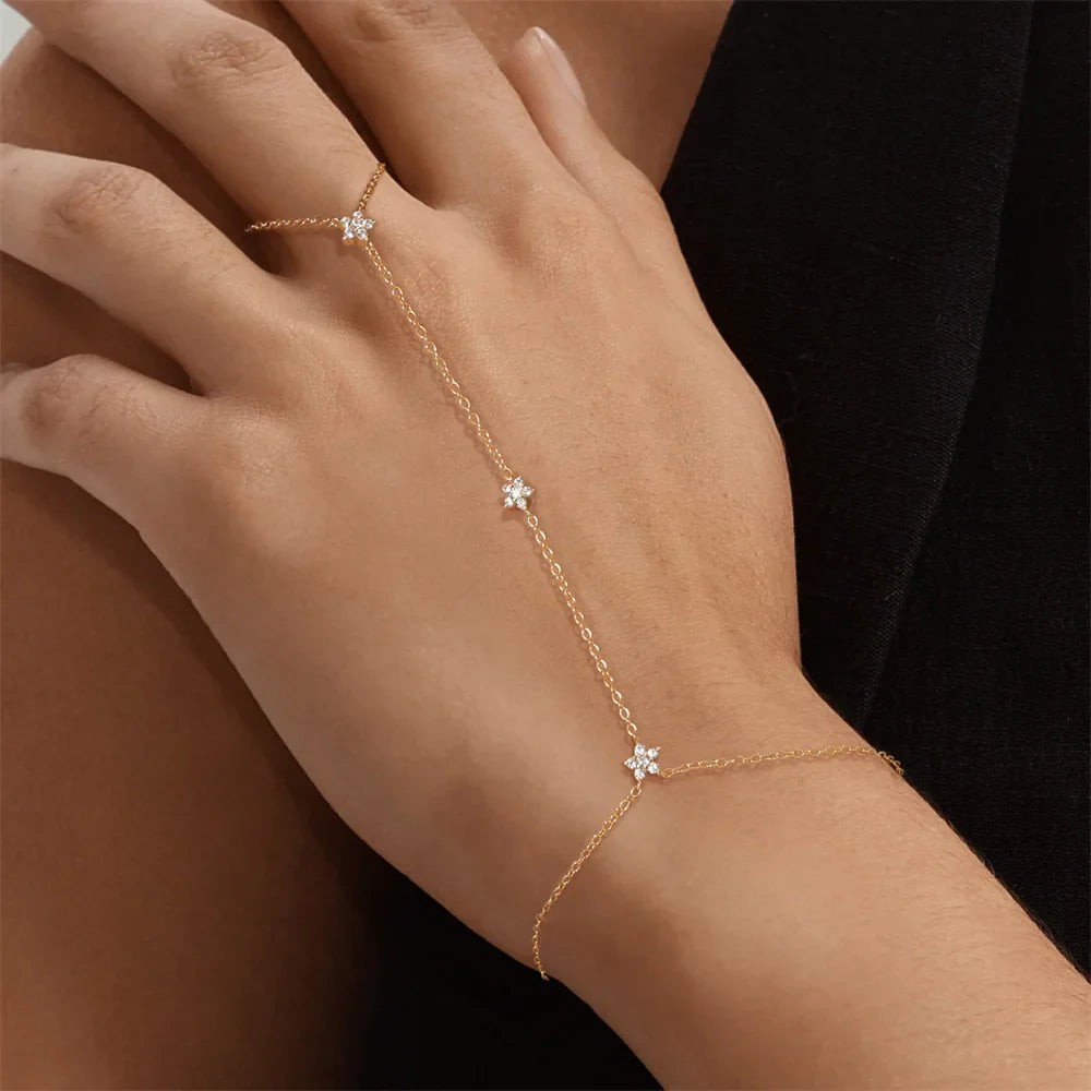 Dainty 5A Zircon Finger Ring Chain Bracelets Flower High Carbon Bracelet for Women Girl Adjustable s925 Silver Jewelry Gift
