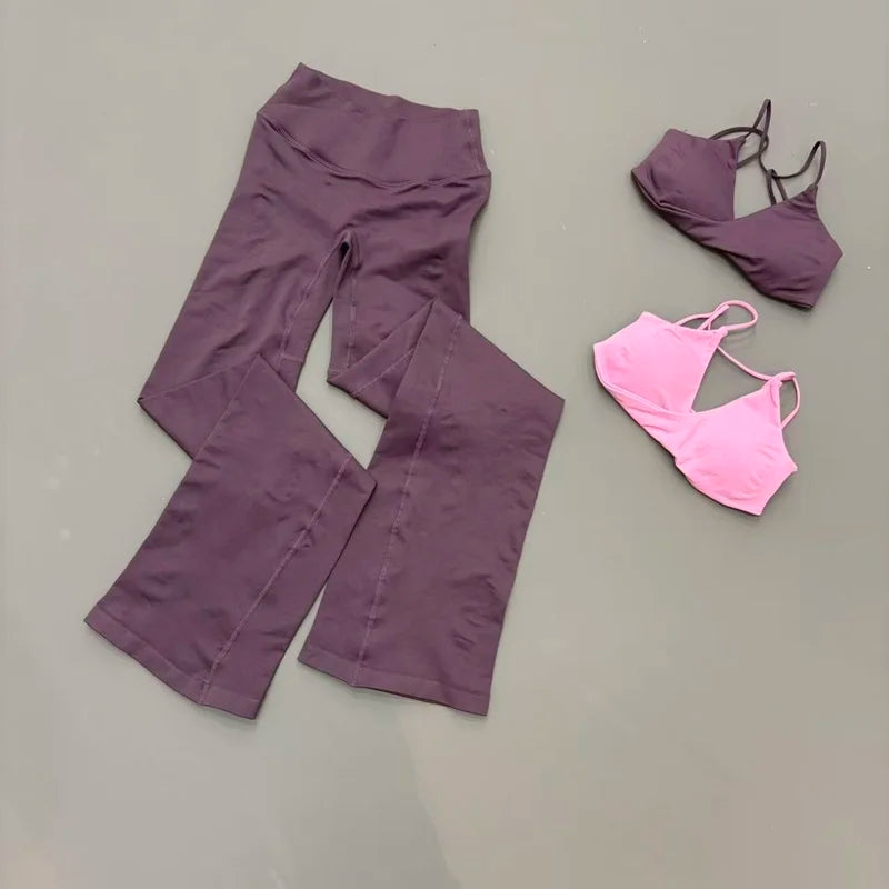 2Pcs Sports Set Women Seamless Front Tie Crossover Bra Crossover Waist Flare Leggings Sets Gym Fitness Workout Sports Sets