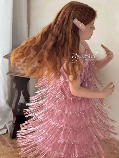 Vestido Infantil Meninas 2025 Verão Novo Moda Infantil Vestido de Borla Brilhante de Luxo Vestido de Aniversário para Meninas