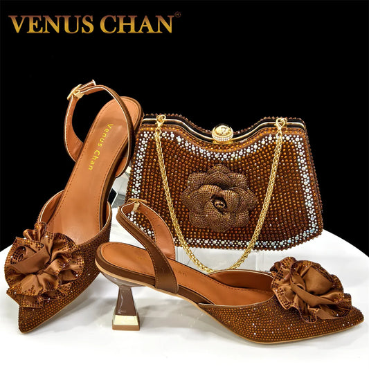 Trendy Brown High Heel Women's Shoes with 3D Rose Rhinestones & Matching Handbag Set - Italian-Inspired Pointed-Toe Design