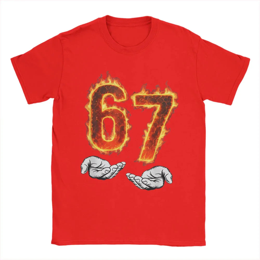 6 7 Meme Six Seven 67 Hands Meme Fire Printed T-Shirt for Men Women Leisure Cotton Tees Round Neck Short Sleeve T Shirt 3XL Tops