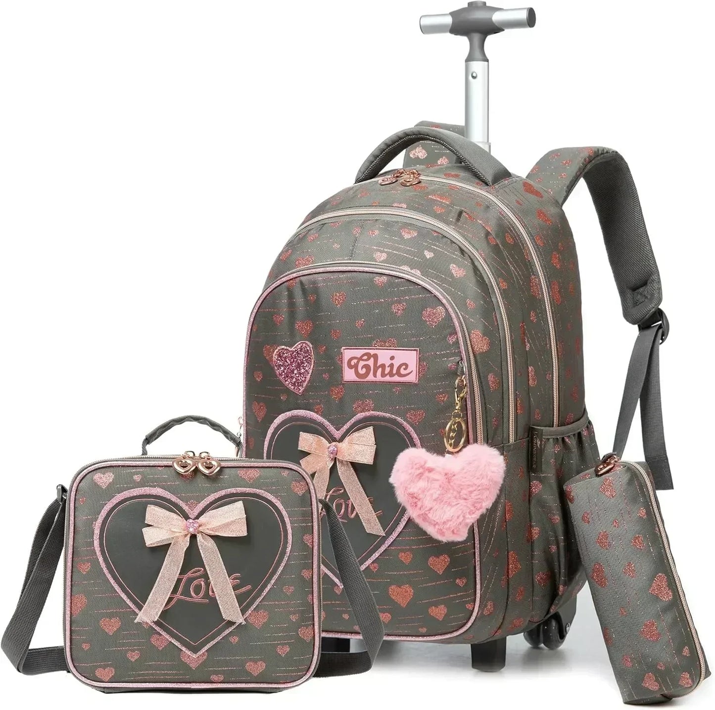 Children's Wheeled Backpack Bag Set with Lunch Box School Rolling Backpack Bag with Wheels School Trolley Backpack Bag for Girls