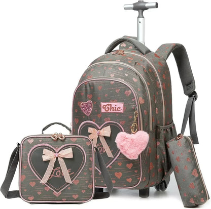 Children's Wheeled Backpack Bag Set with Lunch Box School Rolling Backpack Bag with Wheels School Trolley Backpack Bag for Girls