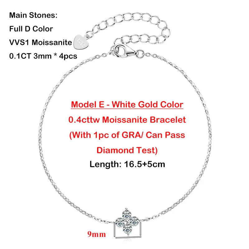4-Leaf Clover GRA Certified 0.9cttw D Color Moissanite Diamond Bracelet for Woman 925 Silver Link Bracelets Fine Jewelry