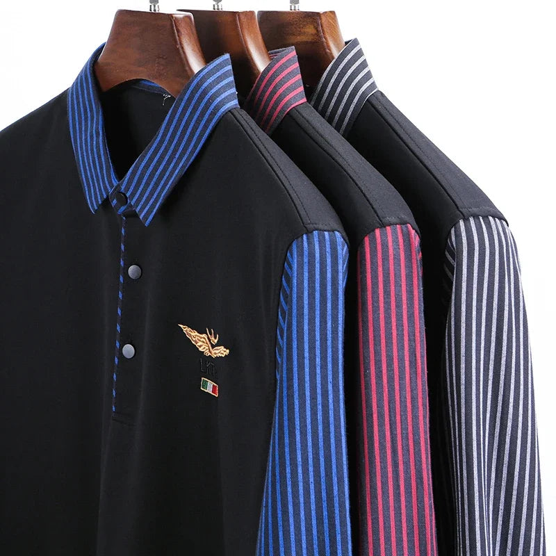 2025 New Men's Casual and Fashionable Long Sleeved POLO Shirt with Contrasting Print Anti Wrinkle Top