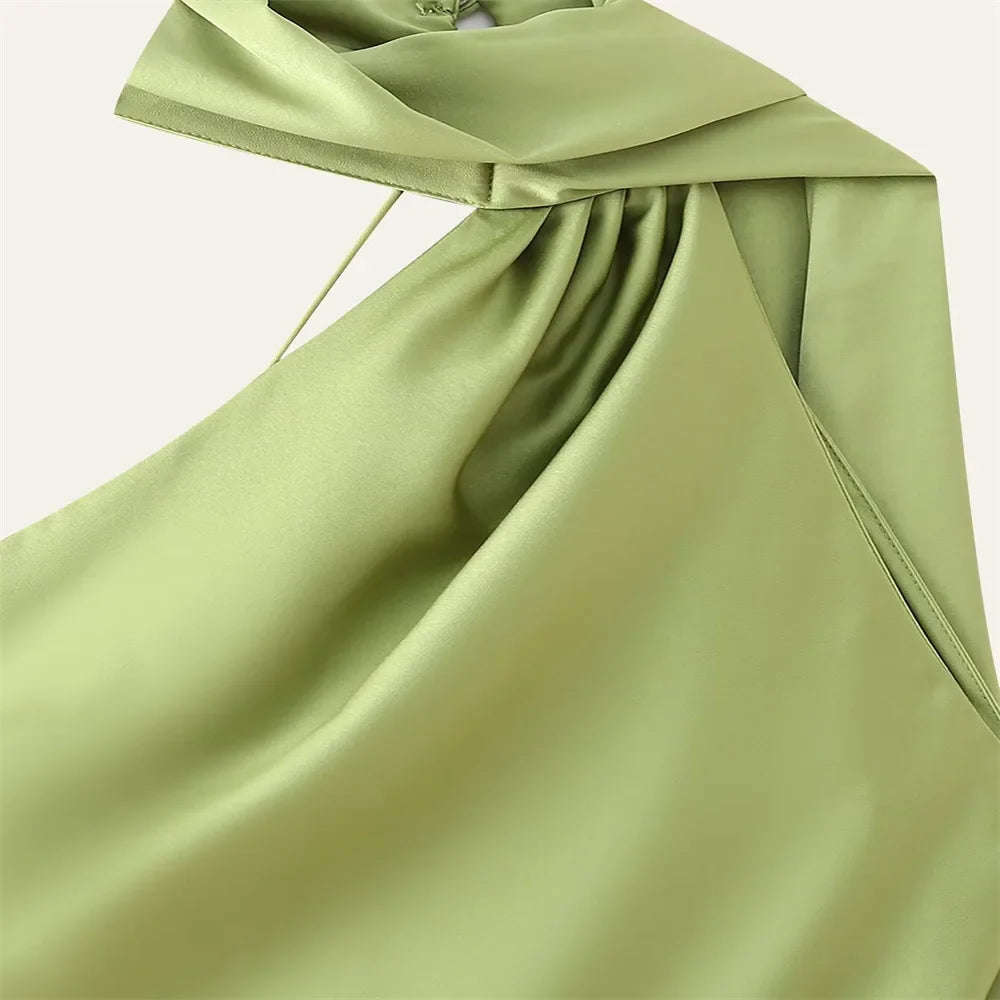 Elegant Women's Soft Silk Satin Long Dress Halter Backless Sleeveless Maxi Dresses Summer Lady Long Ribbon Party Gowns