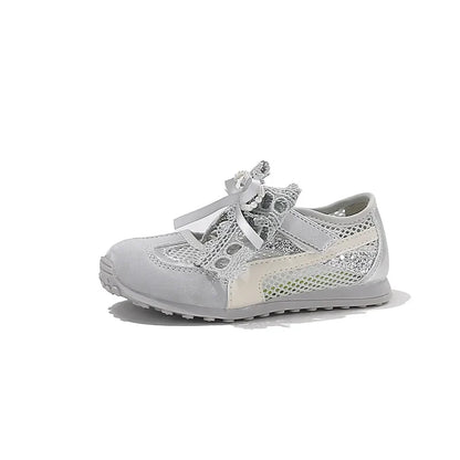 Kids'Casual Shoes Sneakers Mesh Bow Spring Summer Shoes For Girls Anti-slip Breathable Soft Bottom White Silver Shoes Size 23-36