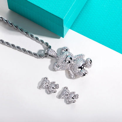 Moissanite Bear Pendant Necklace 925 Sterling Silver Iced Out Stud Earring New Age Hip Hop Jewelry Set for Women