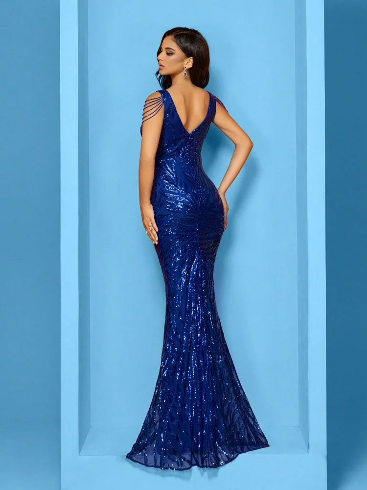 Elegant V-Neck Beading Green Sequin Evening Dress Long New Luxury Women Formal Mermaid Party Prom Graduation Cocktail Gowns