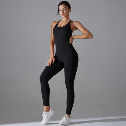 Sexy Backless Bodycon Scrunch Jumpsuit Raises Butt Women Dance Fitness Overalls Push Up Sleeveless Yoga Sport Jump Suit