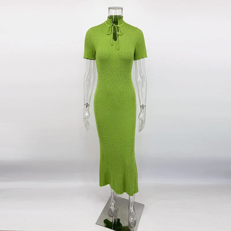Long Dress Female Short Sleeve Slim Hollow Retro Elegant Sweater Dress 2025 Summer High Waist Woman Dress
