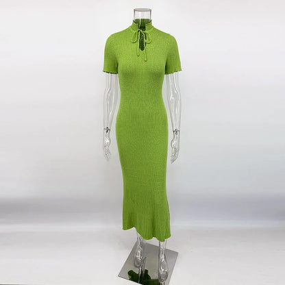 Long Dress Female Short Sleeve Slim Hollow Retro Elegant Sweater Dress 2025 Summer High Waist Woman Dress