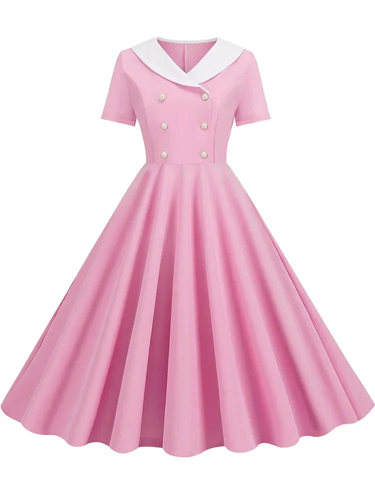 Summer Midi Dress Women Elegant Pink Vintage Party Sundress Casual Peter pan Collar Short Sleeve Dress