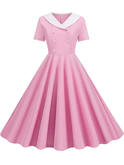 Summer Midi Dress Women Elegant Pink Vintage Party Sundress Casual Peter pan Collar Short Sleeve Dress