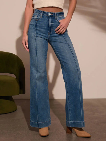 Autumn new women's dark blue high waist straight jeans slim fit wide leg version stretch denim fabric elegant intellectual jeans