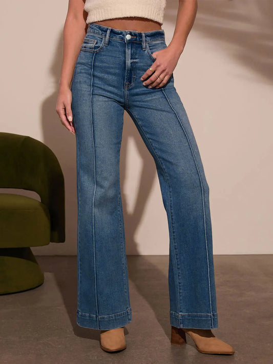 Autumn new women's dark blue high waist straight jeans slim fit wide leg version stretch denim fabric elegant intellectual jeans