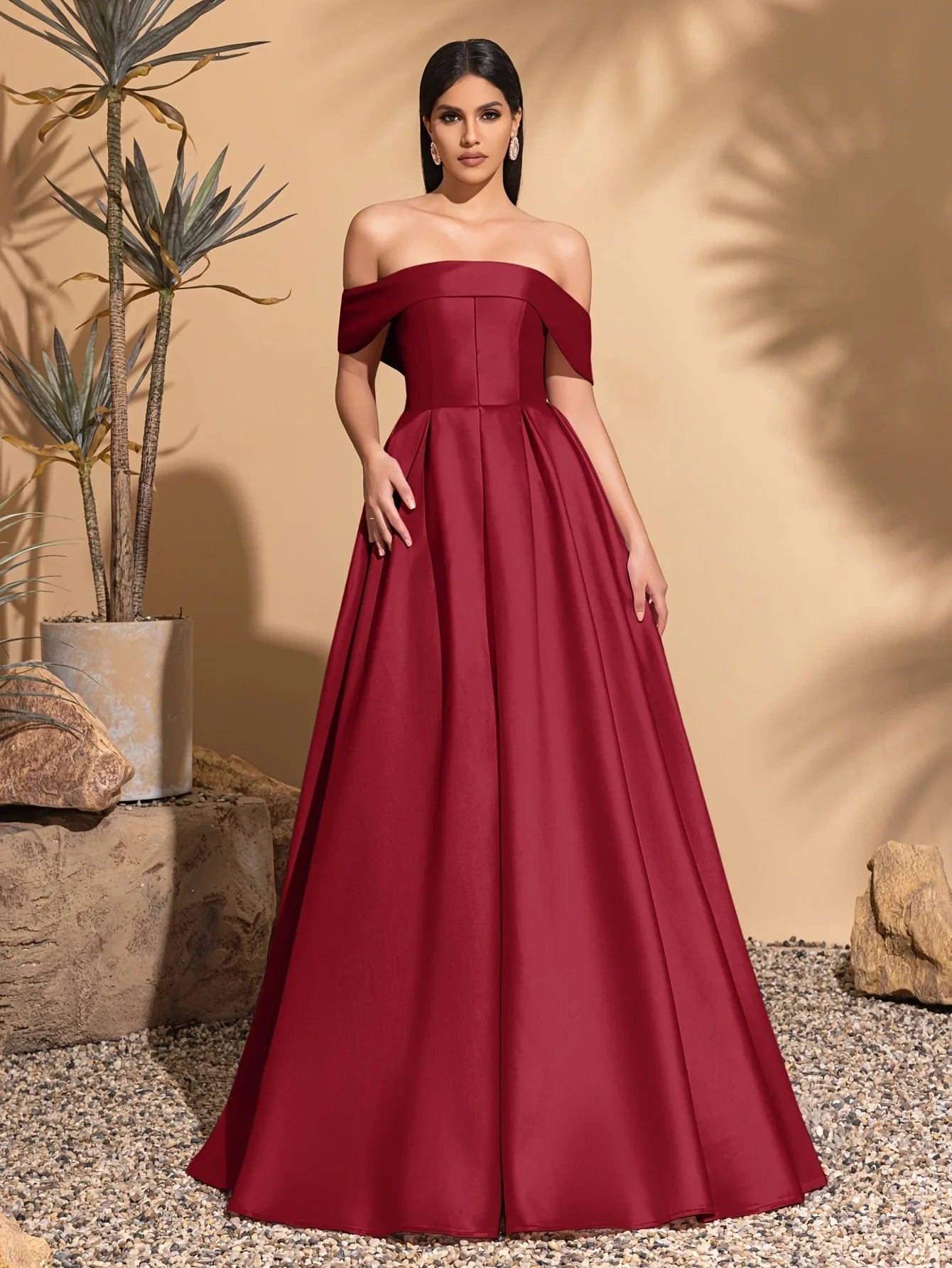 Off-the-shoulder satin dress with back tie, elegant and chic dress