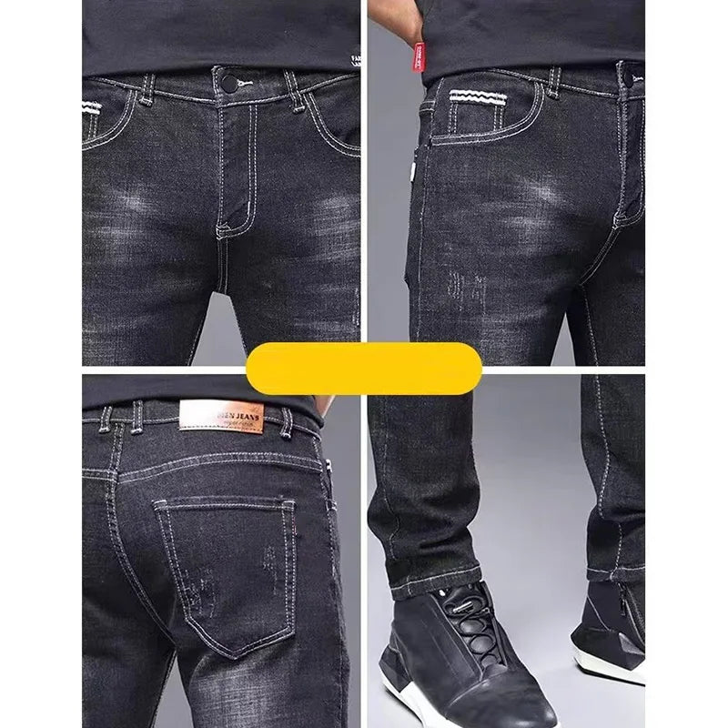Calça Jeans Masculina Casual Elegante Clássica para Negócios Quatro Estações Preta Azul Calças de Cintura Média Leggings de Tecido Jeans Masculino