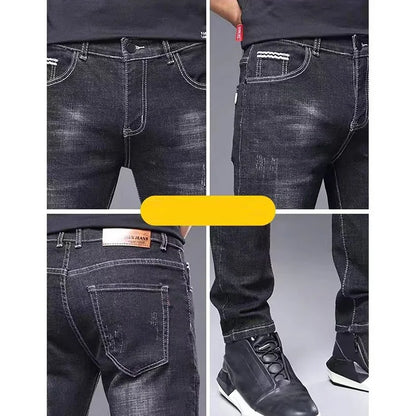 Calça Jeans Masculina Casual Elegante Clássica para Negócios Quatro Estações Preta Azul Calças de Cintura Média Leggings de Tecido Jeans Masculino