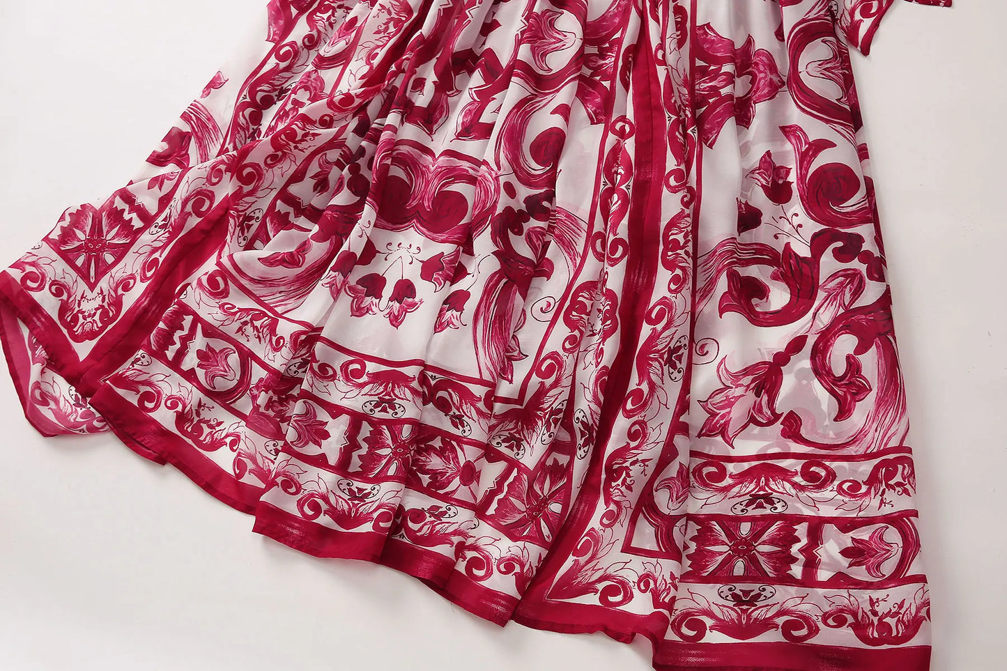 Red Blue And White Porcelain Print Holiday Dress Summer Vintage Bohemia Dress Women's  Loose Lace Up Belt Long Robe Vestido