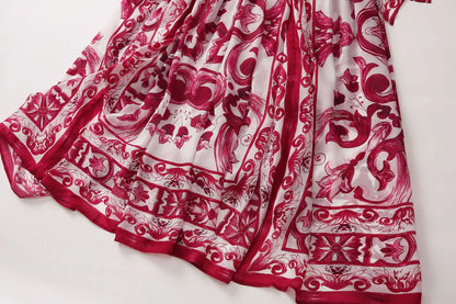 Red Blue And White Porcelain Print Holiday Dress Summer Vintage Bohemia Dress Women's  Loose Lace Up Belt Long Robe Vestido