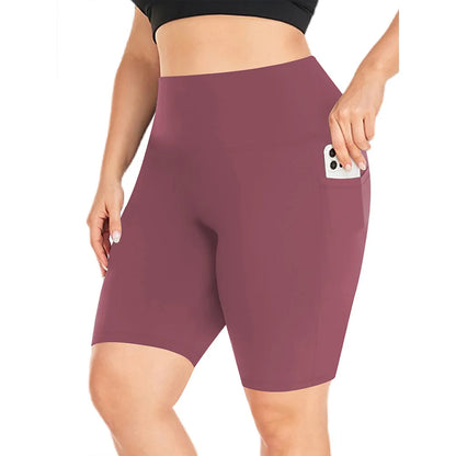 Women's High-Waisted Yoga Shorts Plus Size Workout Leggings with Dual Pockets Stretch European Style Activewear for Gym & Casual