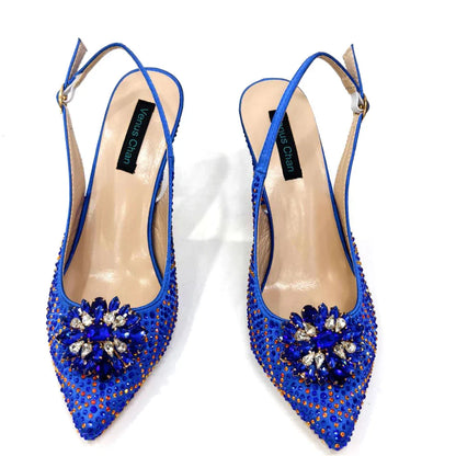 INS Style Green Party Shoe and Bag Set in Women Pointed-Toe Rhinestone High Heels Elegant African Ladies Shoes