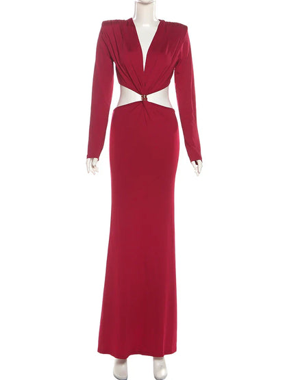 Waistless V-neck Women Maxi Dresses Classic Elegant Lapel Full Sleeve V-neck Sheath Vestidos Female High Street Bodycon