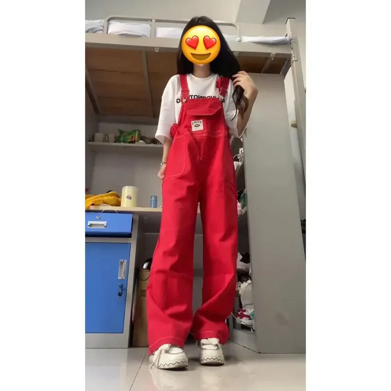 American Retro Red Denim Overalls Women Summer Loose Slimming Design Long Pants High Waist Overalls Vintage Style Jeans