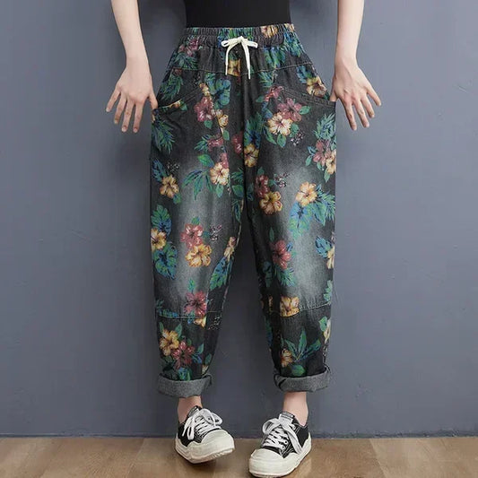 Women Ankle-length Jeans Fashion Harajuku Vintage Print Casual Trouser