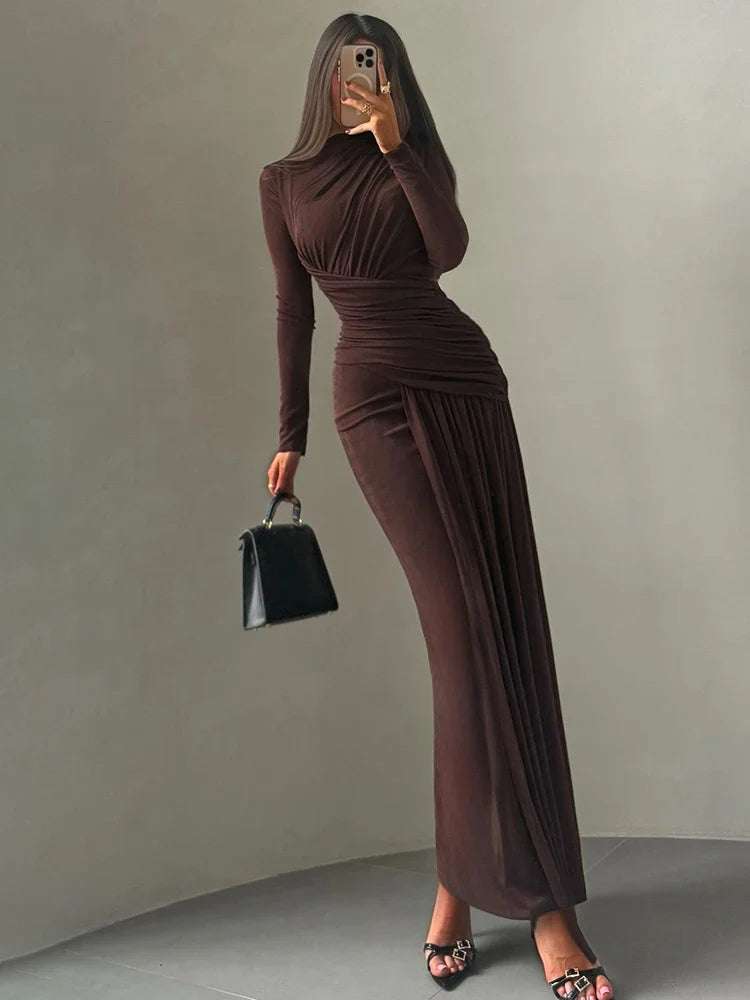 Folds Maxi Dress Women o-Neck Full Sleeve Solid Banquet Elegant Vacation Fashion Autumn Skinny Casual Simple Vestidos