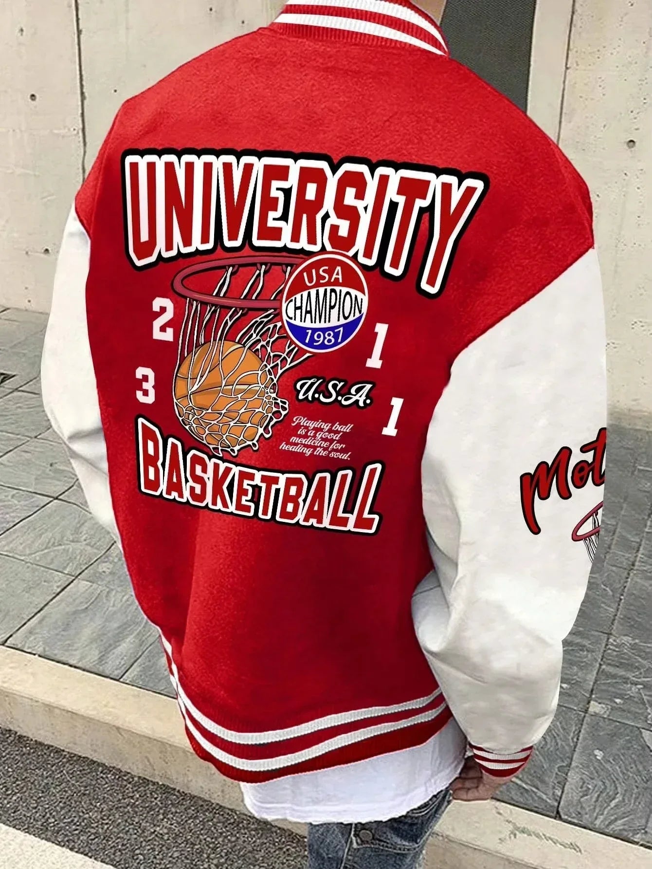 Summer Manfinity EMRG Oversized Men's Drop Shoulder Varsity Jacket with Letter Graphic Striped Trim and Colorblock Design