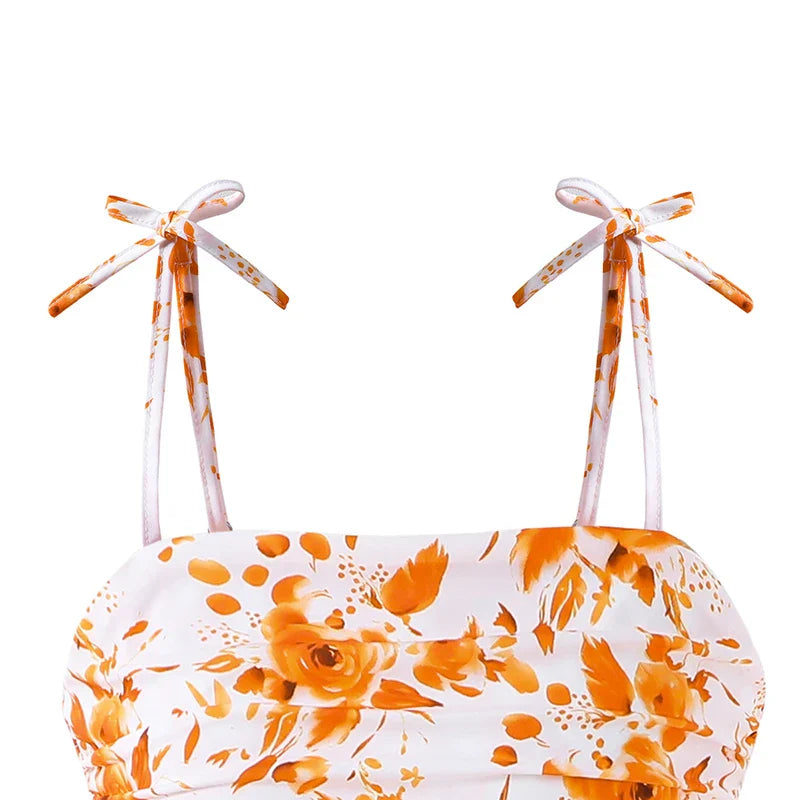 Girls 8-12 Orange Floral Summer Casual Dress, Front Spaghetti Strap Bow Decor Ruched Waist & Tiered Skirt, Daily Kids Outfit