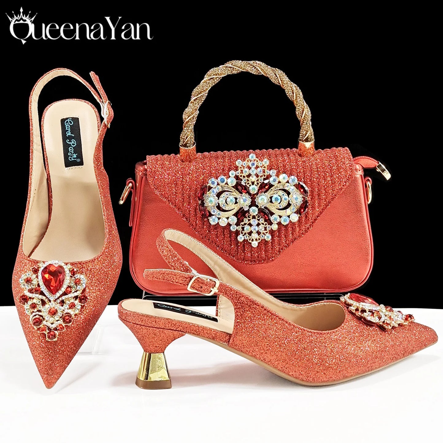 Pointed-Toe Luxury Style Women High Heels Sandal With Bag Set Orange Color for Wedding Party