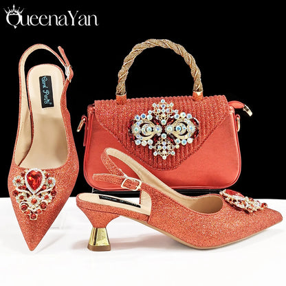 Pointed-Toe Luxury Style Women High Heels Sandal With Bag Set Orange Color for Wedding Party