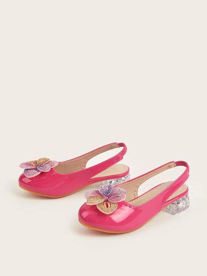 Summer New Children's High Heels Girls' Crystal Princess Shoes Hollow Heel Round Toe Fashion Flower Baby Girls' Sandals Rose Red