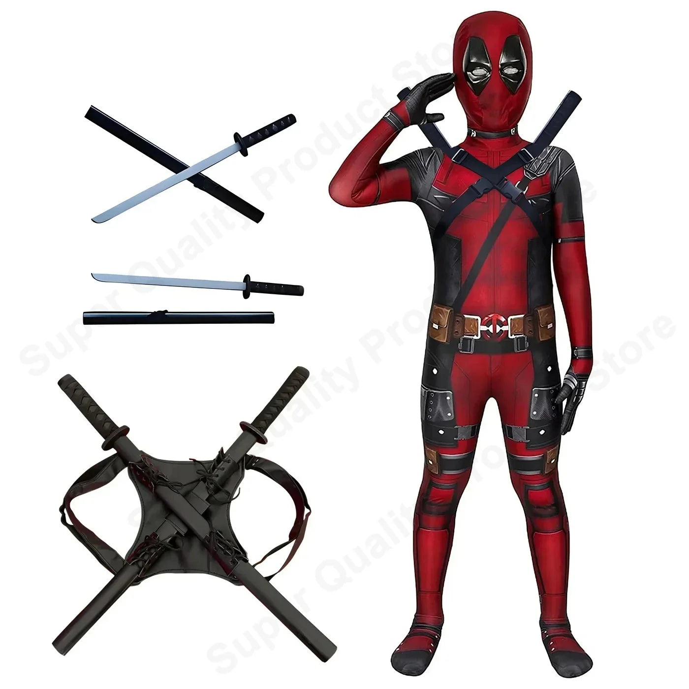 PU SwordHigh Quality Deadpool Child Costume Kid Halloween Cosplay Costume Deadpool Kids Suit Jumpsuit deadpool Child Costume
