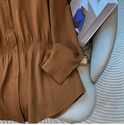 2026 Women's Plus Size Blouse Korean Style Spring Autumn Loose Elegant Casual Mid-length Tops Long Sleeved Waist Cinching Shirts