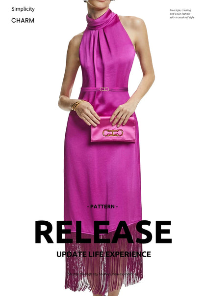 New Women Party Dress Hanging Neck Style Dress High Collar Sleeveless Fringe Skirt Hem Belt Evening Dresse