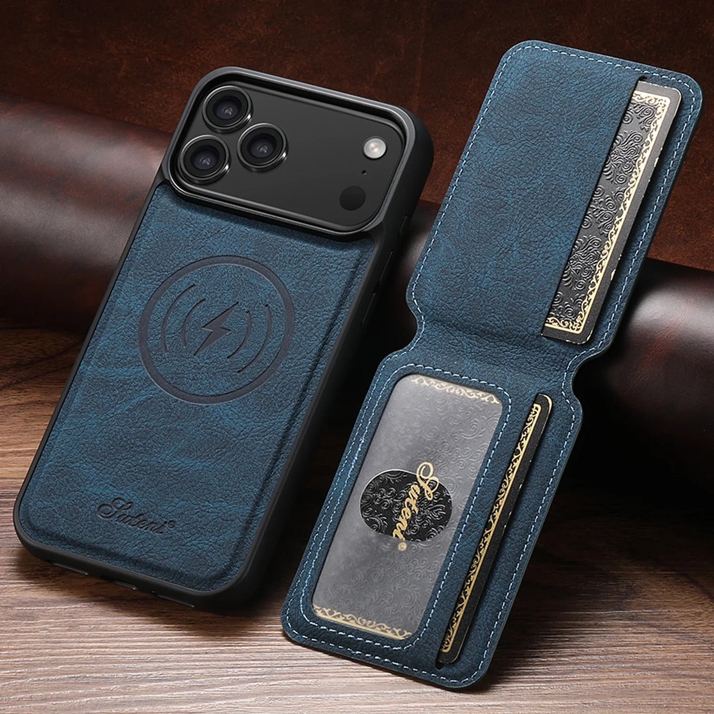 Wireless Charging Phone Case Magnet Card Holder Stand Faux Leather For iPhone 17 Pro Max 16 Plus 15 14 13 12