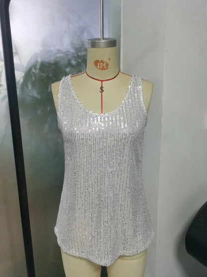 Ladies' Sequin Loose U-Neck Sleeveless Glitter Tops Fashion Solid Color Tank Tops For Daily Wear Performance Costume