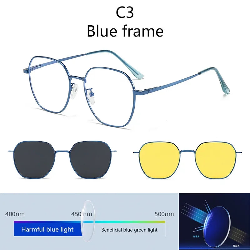 Sunglasses Men Women 3 In 1 Magnetic Clip On Glasses Hexagon Alloy Frame