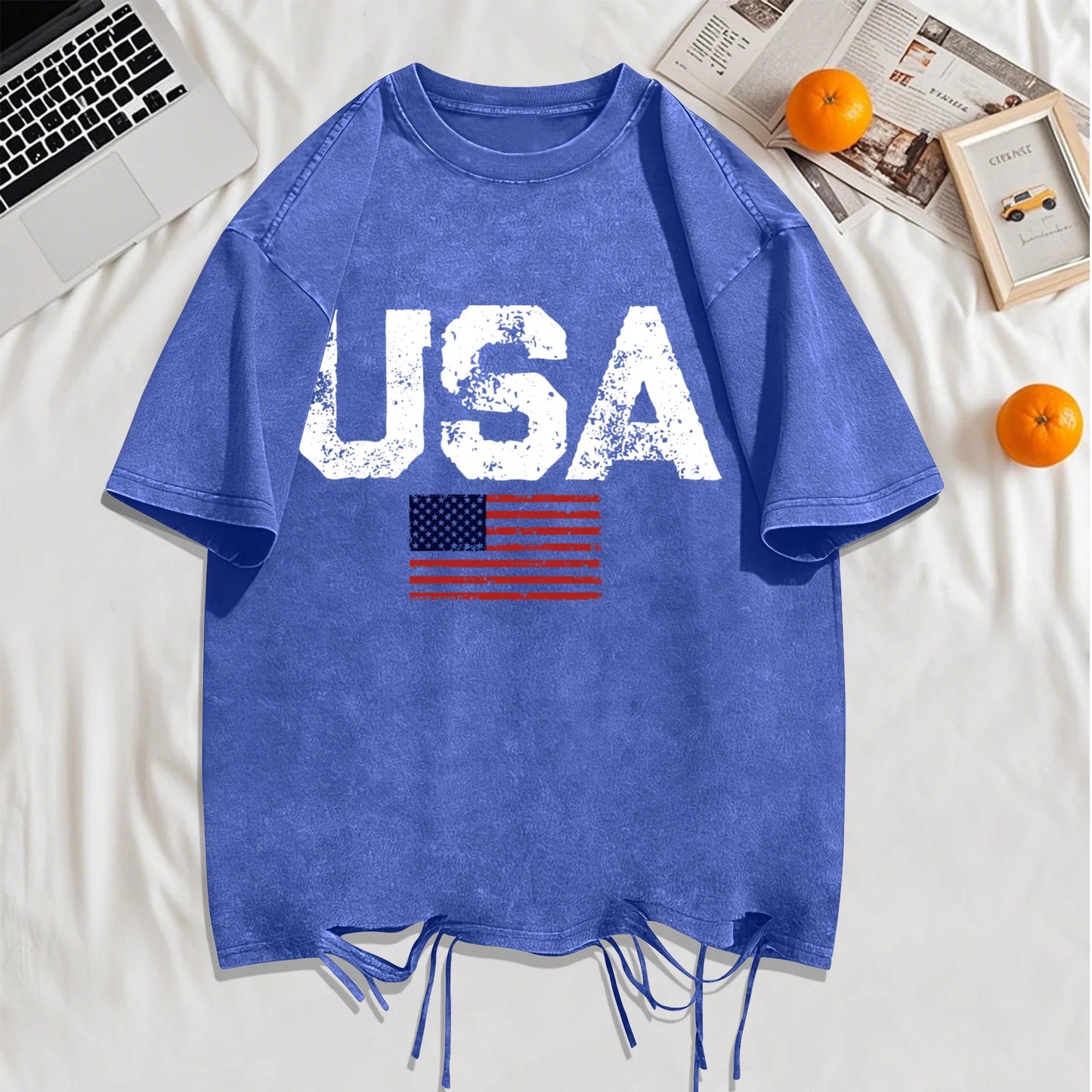 Usa Letter American Flag Printed Washed Holes T-Shirt Man Summer Cotton Loose Top O-Neck Creative Tee Unisex Vintage T Shirt