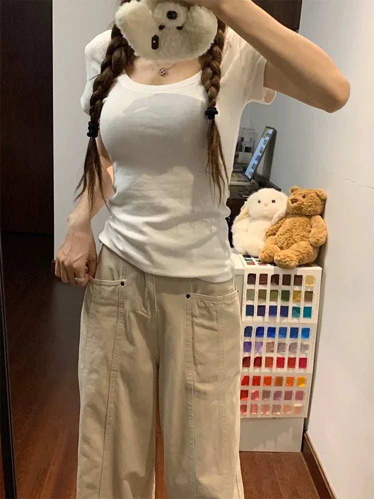Botvotee Retro American Beige Denim Jeans for Women streetwear baggy High Waisted Flare 1950s/1960s Jeans Vintage Cargo Pants