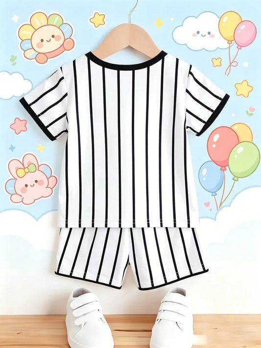 Summer New Arrival Boys Black White Color Block Baseball Style Stripe Short Sleeve Shorts Set