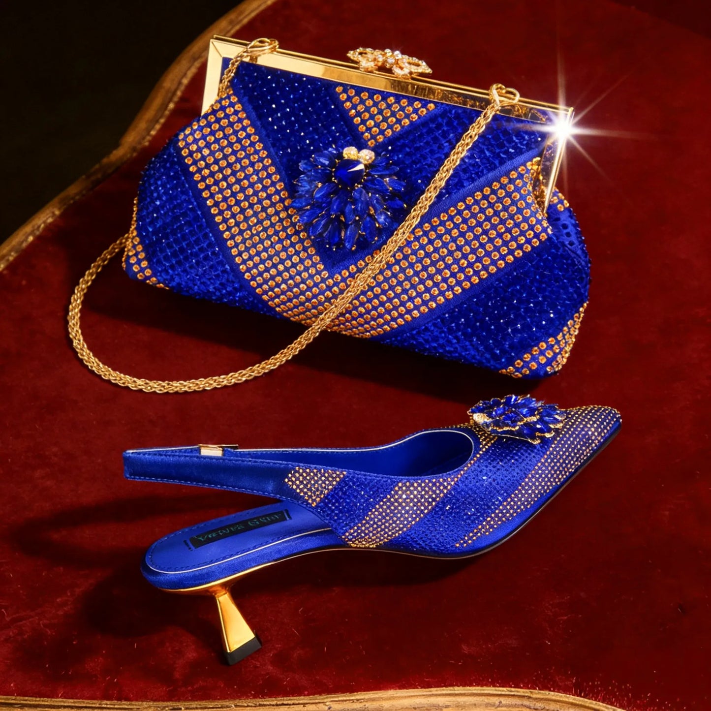 Italian Luxury Rhinestone Wine Pointed Toe High Heels with Matching Bag Set – Ideal for Parties and Special